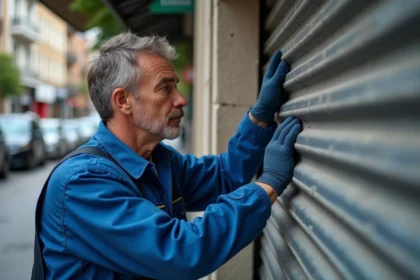 Technicien en bleu examine une serrure en ville