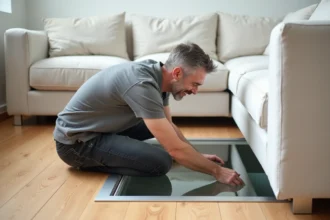 Trappe cave en verre sur-mesure encastrée dans un plancher en bois avec cadre en acier inoxydable brossé dans un salon moderne