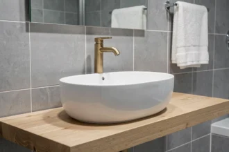 Vasque salle de bain ovale en céramique blanche posée sur un meuble bois clair, avec robinet en laiton brossé et carrelage gris au mur