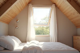 Fenêtre de toit VELUX ouverte dans une chambre sous combles avec poutres en bois et rideaux blancs flottants pour une bonne ventilation