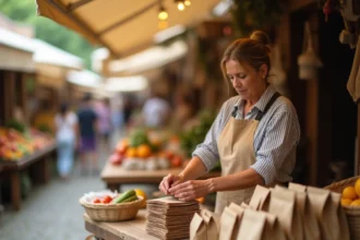 Vendeuse de marché arrangeant des petits sacs en kraft sur un étal en bois lors d'une foire artisanale en plein air