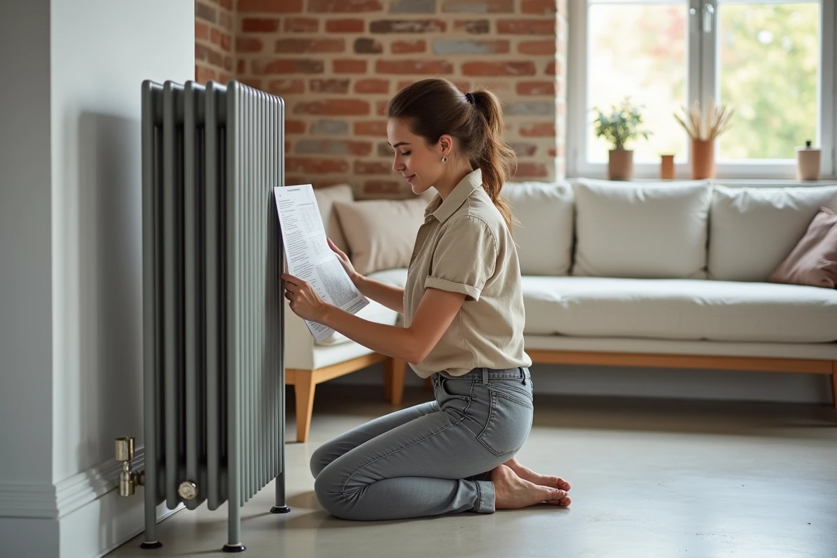 Femme vérifiant la stabilité d'un radiateur fonte sur béton poli chauffant en consultant une notice d'installation dans un salon moderne
