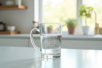 Verre mesure 350 ml sur plan de travail lumineux