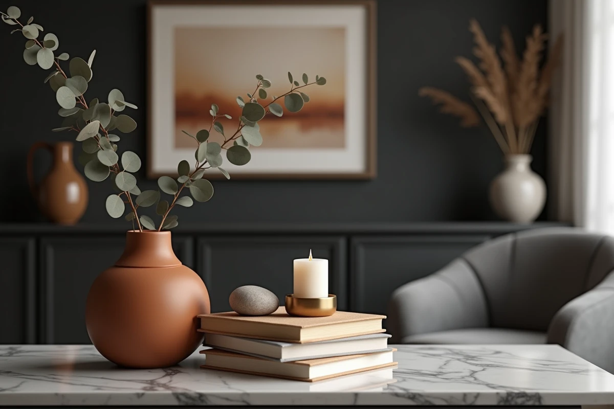 Vignette décorative sur meuble gris avec vase en céramique terracotta, laiton et eucalyptus dans un salon noir et blanc