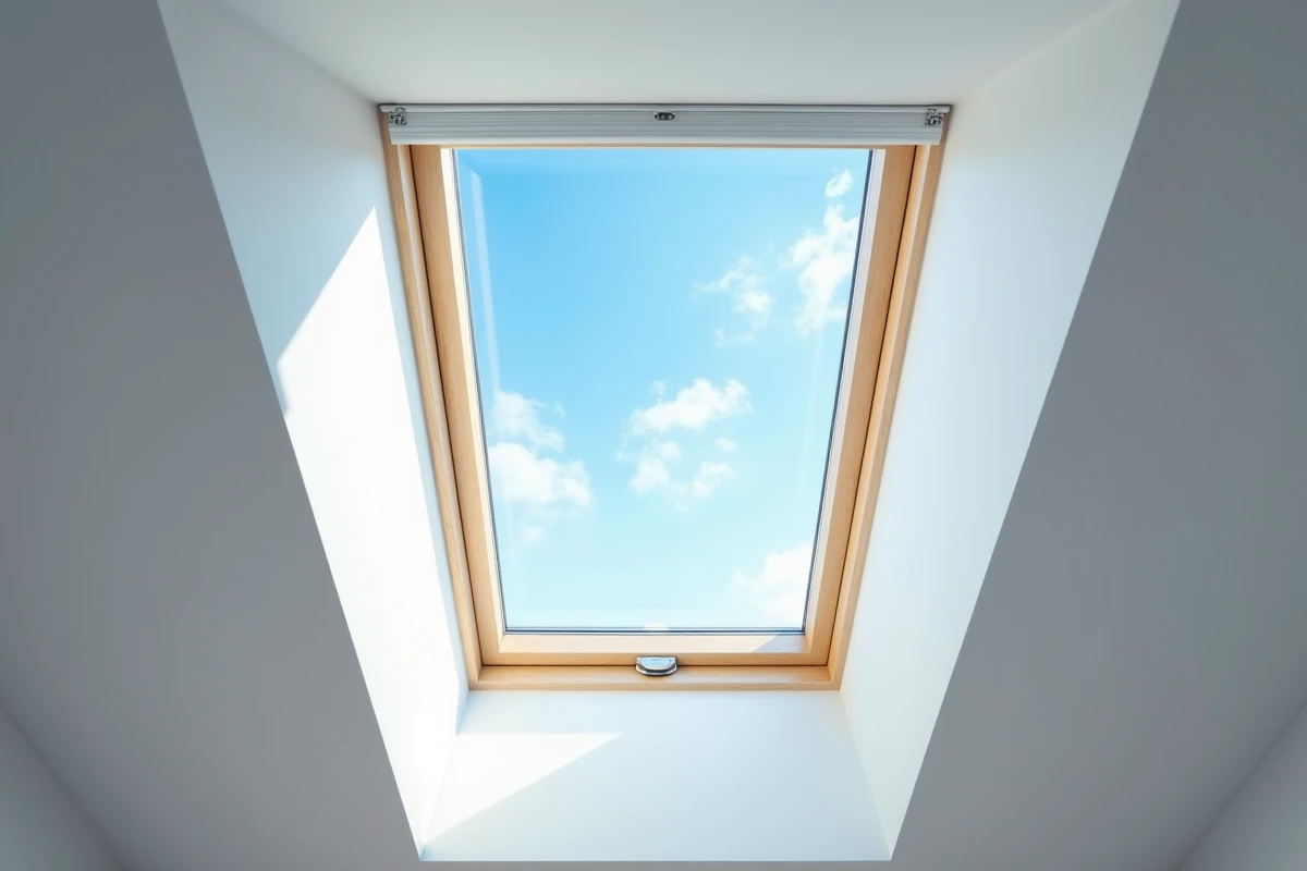 Vue intérieure en contre-plongée d'une grande fenêtre de toit VELUX ouverte laissant entrer l'air frais dans une chambre mansardée